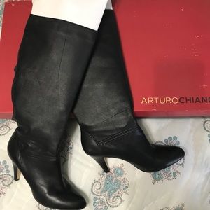 Black Mid Calf Leather Boots